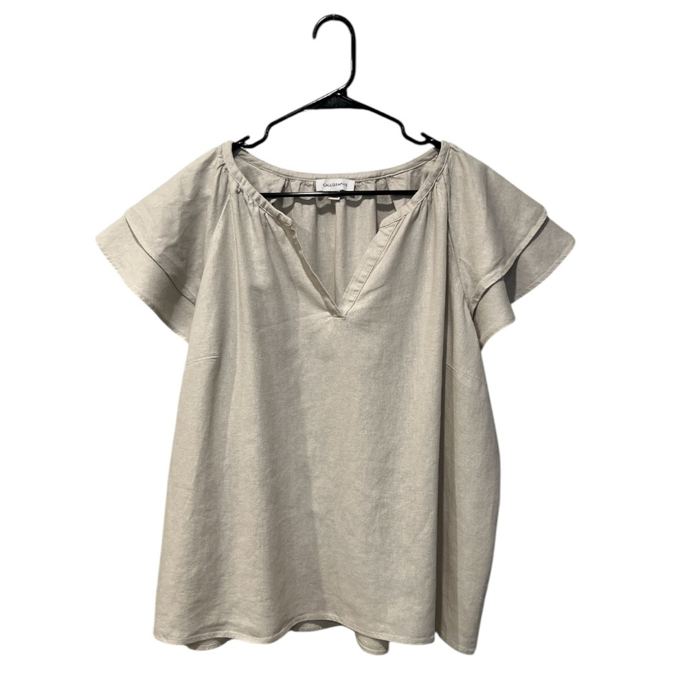 Calligraphie V-neck flutter sleeve linen blend top size 2X
